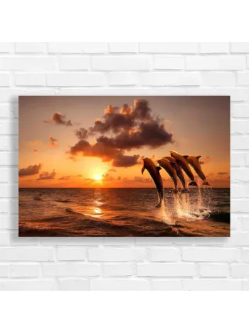 Dolphins Jumping Sunset Ocean Canvas Print