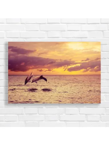 Dolphins Leaping at Sunset Canvas Print