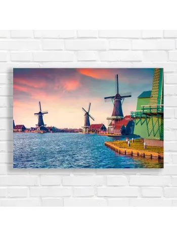 Scenic Dutch Windmills Sunset Canvas Print